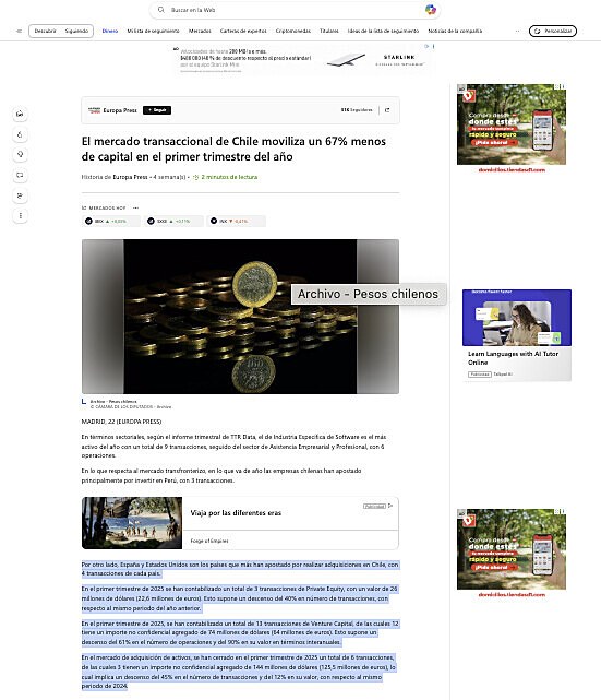 El mercado transaccional de Chile moviliza un 67% menos de capital en el primer trimestre del ao